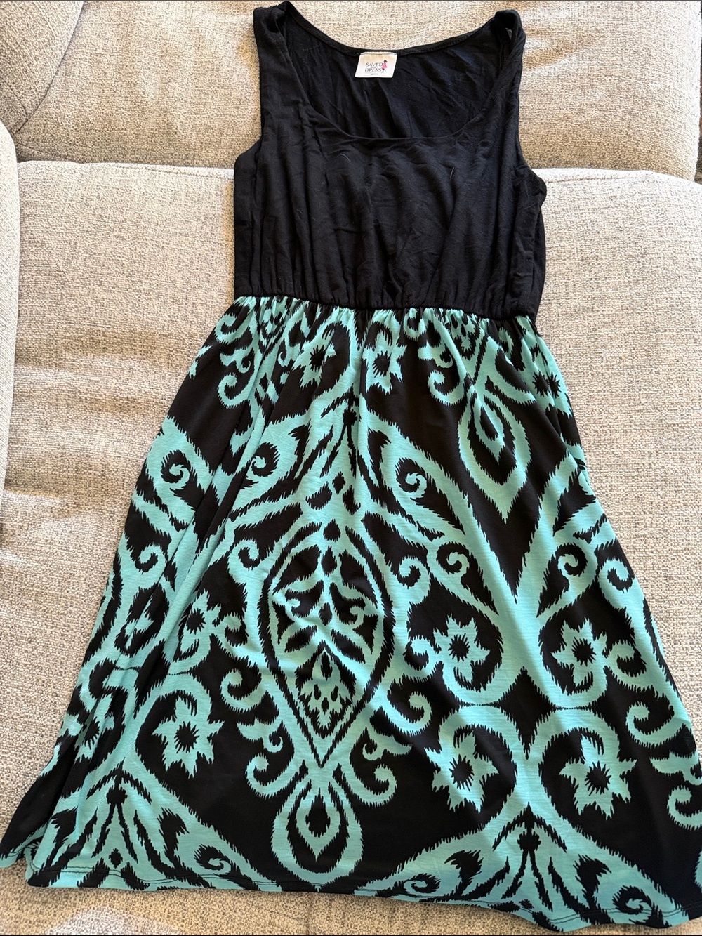 Sleeveless Black & Aqua Pattern Fit-and-Flare Mini Dress